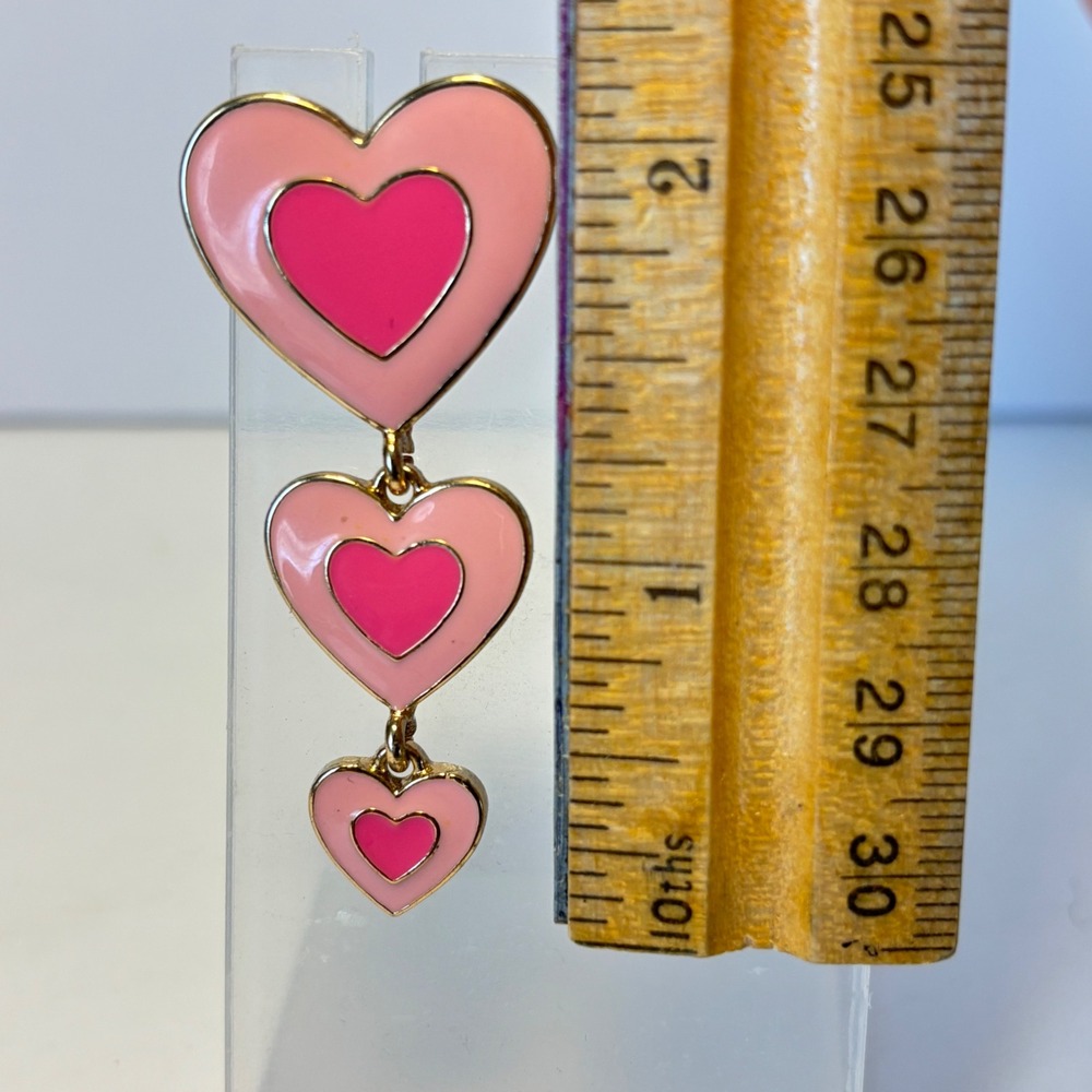 BaubleBar Pink Triple Heart Drop Earrings Gold Tone Post Dangle Barbiecore 2" - Picture 3 of 6